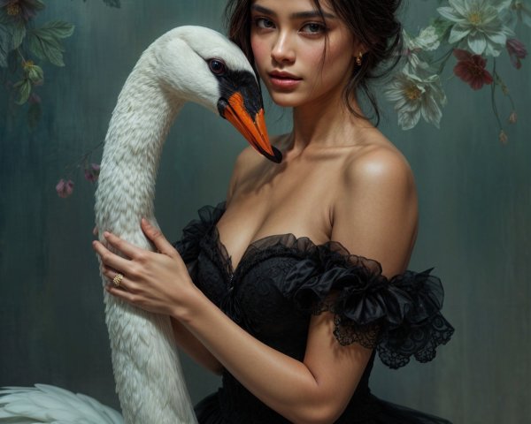 Elegant Woman in Black Dress with White Swan