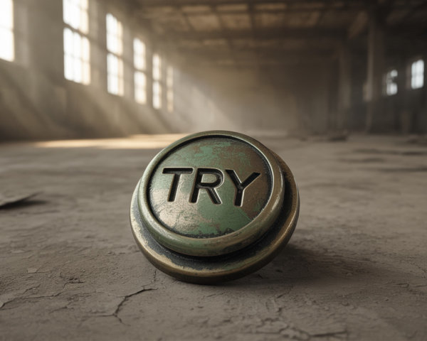 Weathered Green Button on Dusty Warehouse Floor