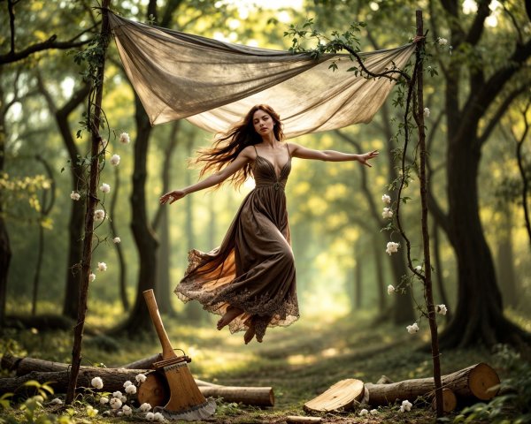 Young woman in brown dress in serene forest setting