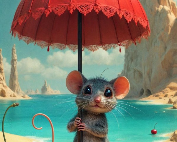 Charming Mouse with Umbrella on Sandy Beach Scene