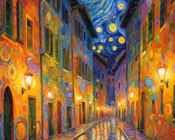 Impressionistic Street Scene with Colorful Night Sky