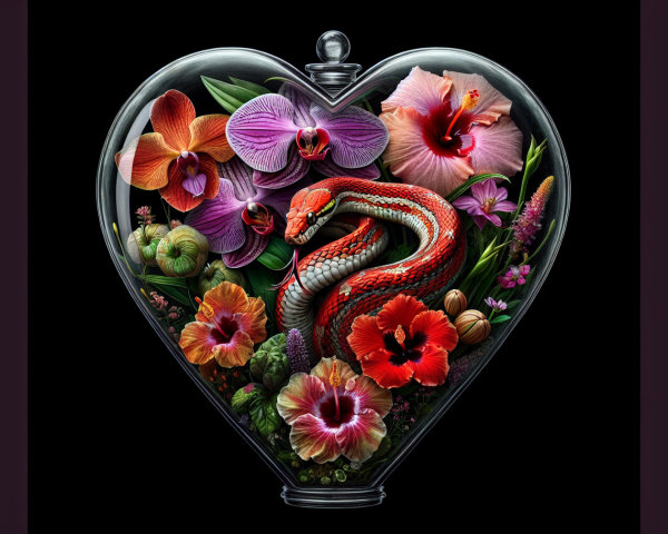 Heart-Shaped Glass Display with Flowers and Snake