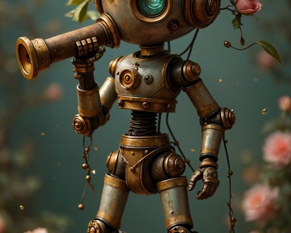 Steampunk Robot on Pedestal with Roses and Camera