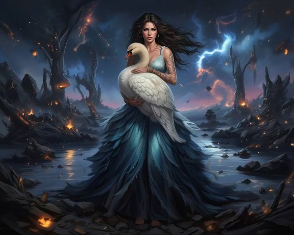 Young woman in blue dress holding swan at night