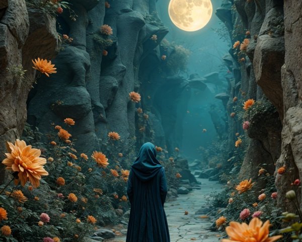 Cloaked Figure in Blue in Mystical Canyon Landscape