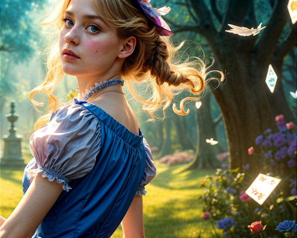 Young woman in colorful dress in enchanting forest