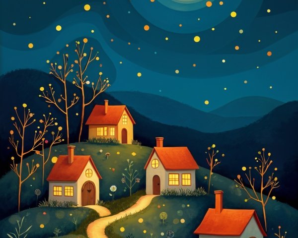 Whimsical Night Scene of Cozy Houses and Hills