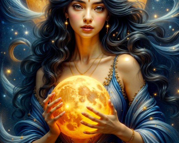 Mystical Woman with Crown and Glowing Orb in Night Sky