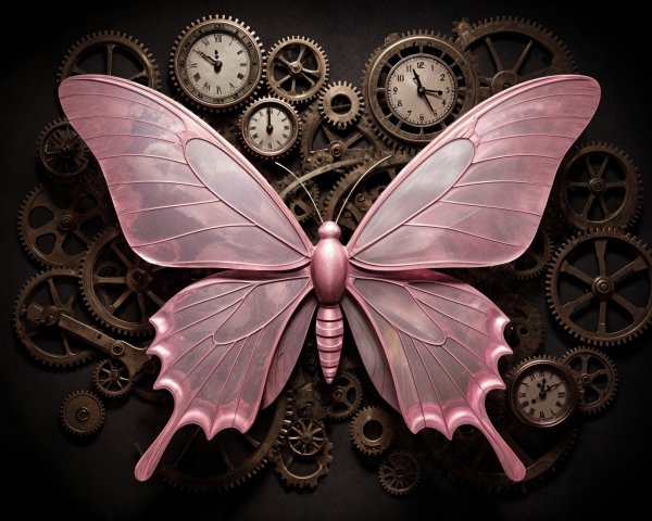 Intricate Pink Butterfly with Vintage Clock Gears