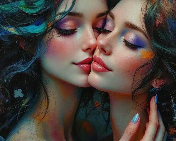 Close Embrace of Two Women with Colorful Highlights