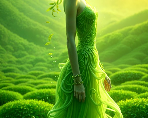 Ethereal figure in green gown among lush hills