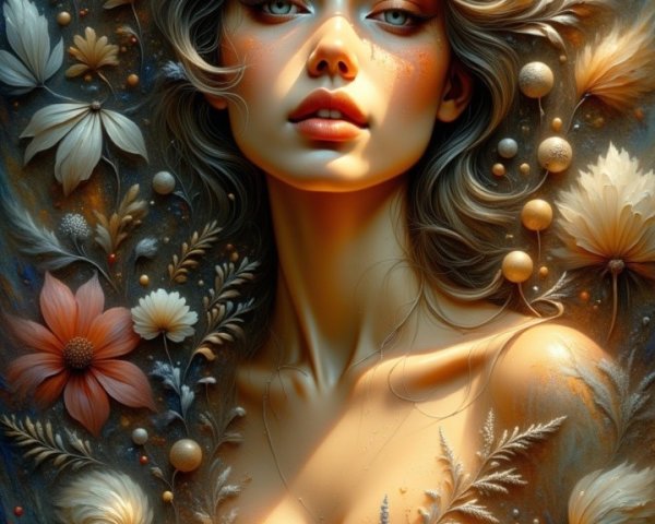 Luminous Portrait of Woman with Floral Patterns