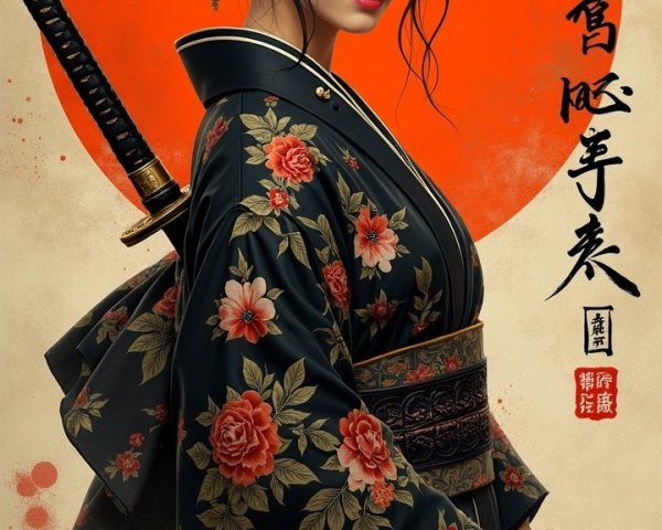 Woman in traditional kimono with katana and floral patterns