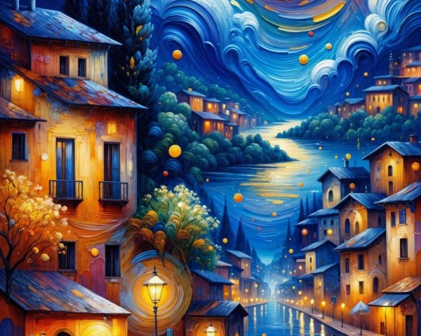 Vibrant Night Scene of a Town by a Shimmering River