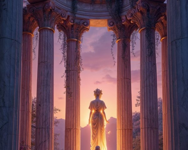 Lone Figure at Majestic Goddess Statue Under Moonlight