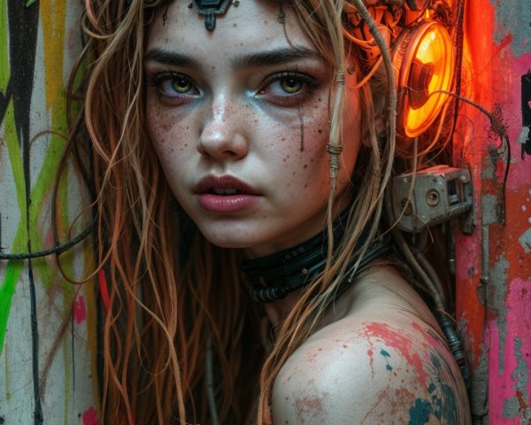 Young woman in tattered dress by graffiti wall