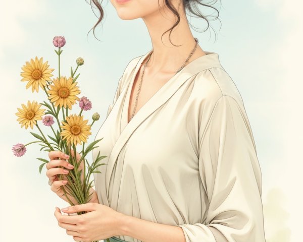 Young Woman with Colorful Bouquet in Dreamy Setting