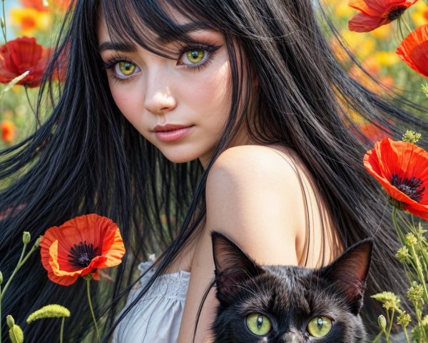 Young Woman and Black Cat in Orange Poppy Field