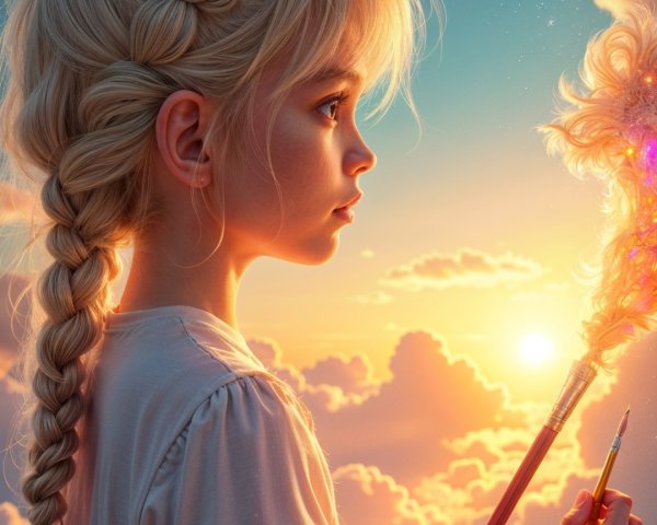 Young girl with braided hair in a dreamy sunset scene