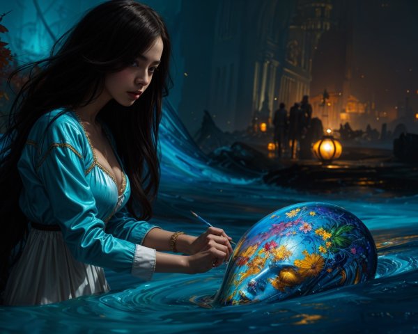 Young woman painting floral design on submerged mask