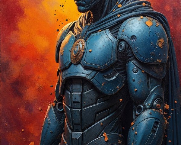 Futuristic Warrior in Armored Blue Against Orange Background