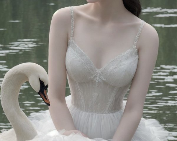 Tranquil Lake Scene with Woman and Majestic Swan