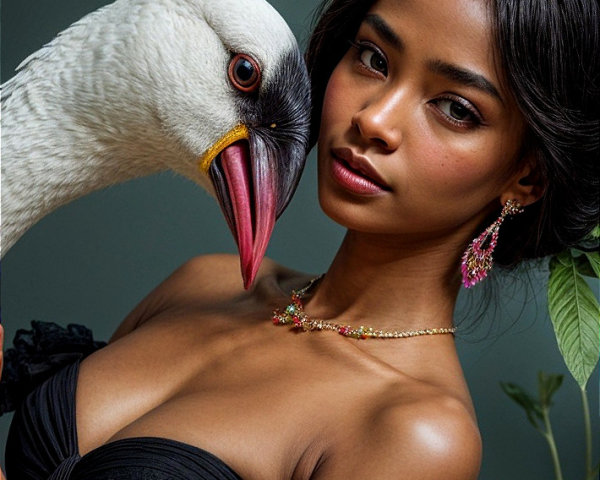Portrait of a Woman with Bird in Lush Greenery