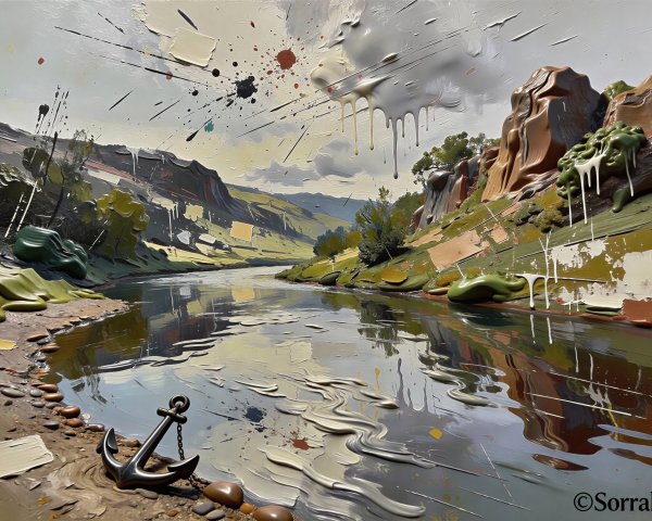 Abstract Landscape with Reflective River and Anchor