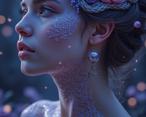 Serene Portrait of Woman with Floral and Lace Designs
