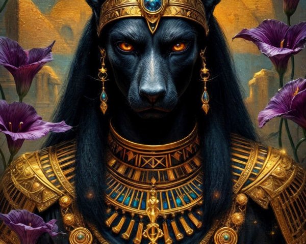 Regal Black Dog with Egyptian-Inspired Jewelry and Pyramids