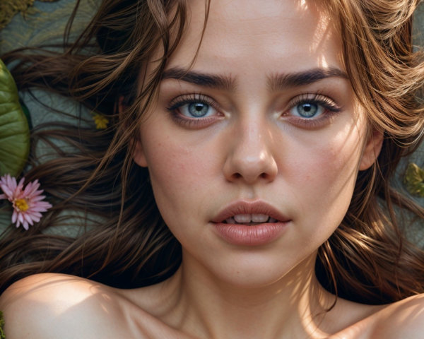 Close-Up Portrait of a Young Woman Among Water Lilies