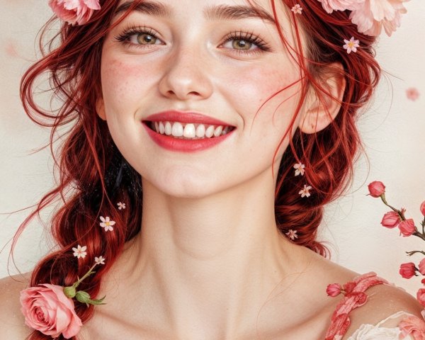 Young woman with red hair and floral background