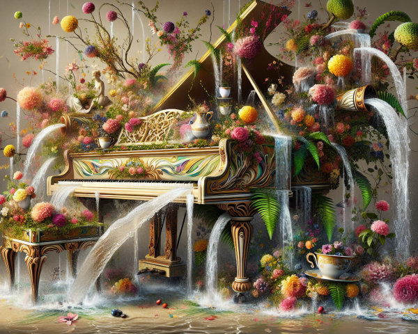 Grand Piano Surrounded by Flowers and Waterfall