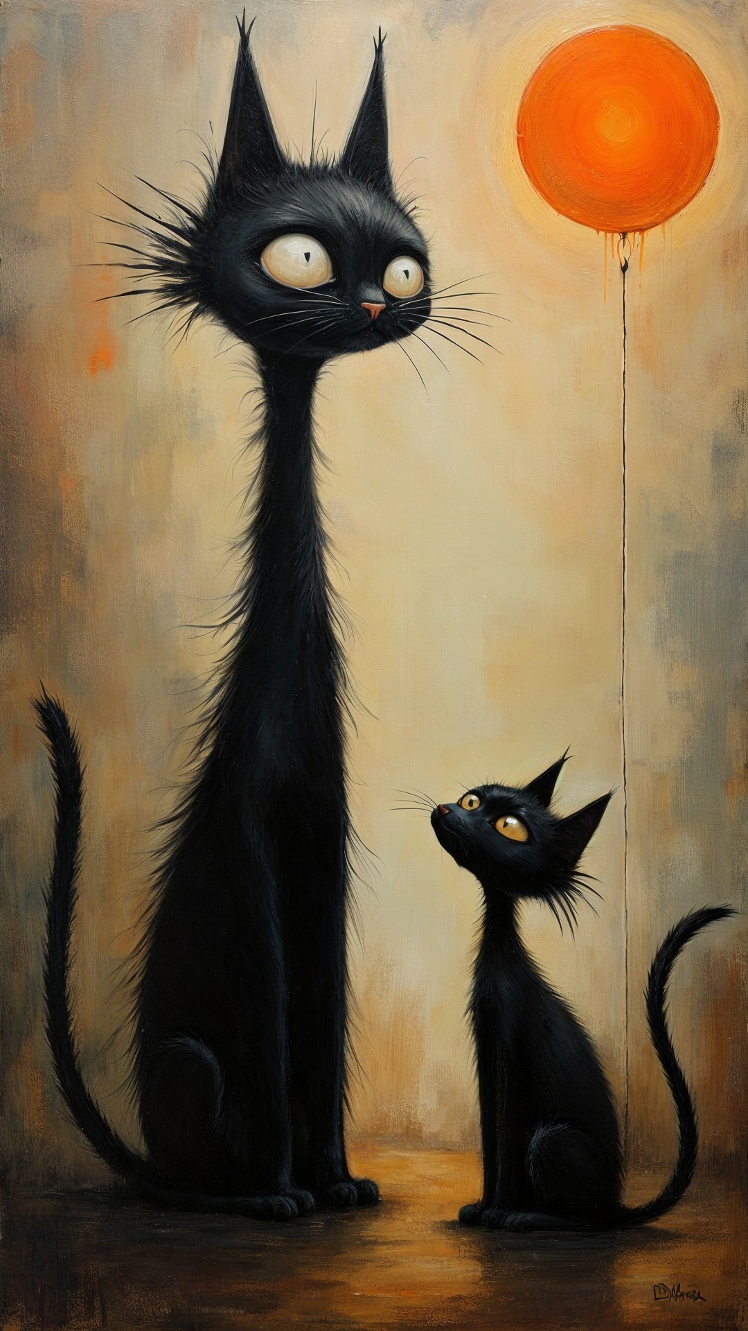 Whimsical Painting of Black Cats Under a Glowing Sun