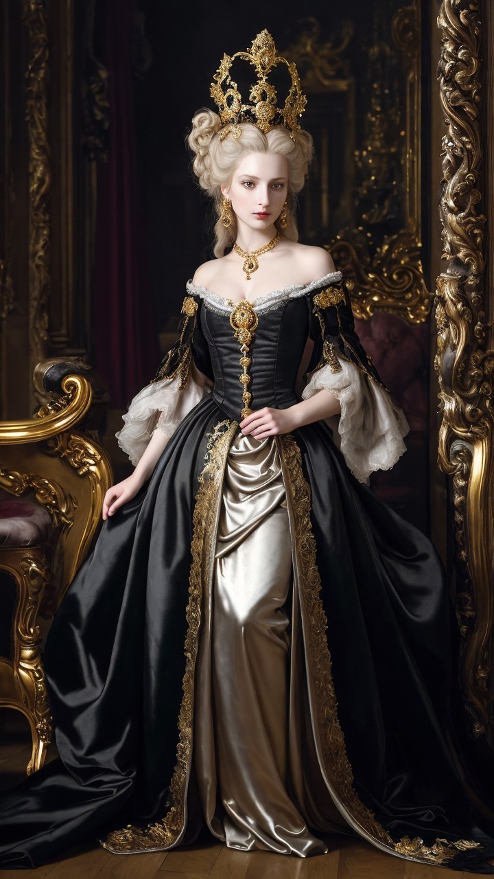 Regal figure in opulent gown with golden tiara