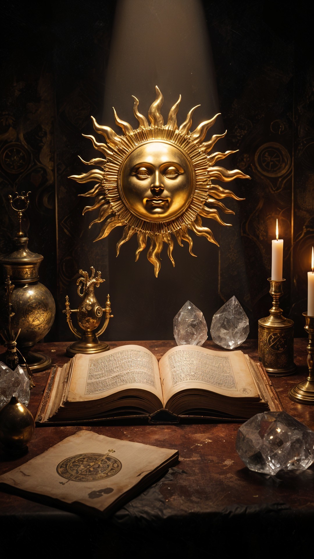 Mystical Scene with Golden Sun Emblem and Ancient Book