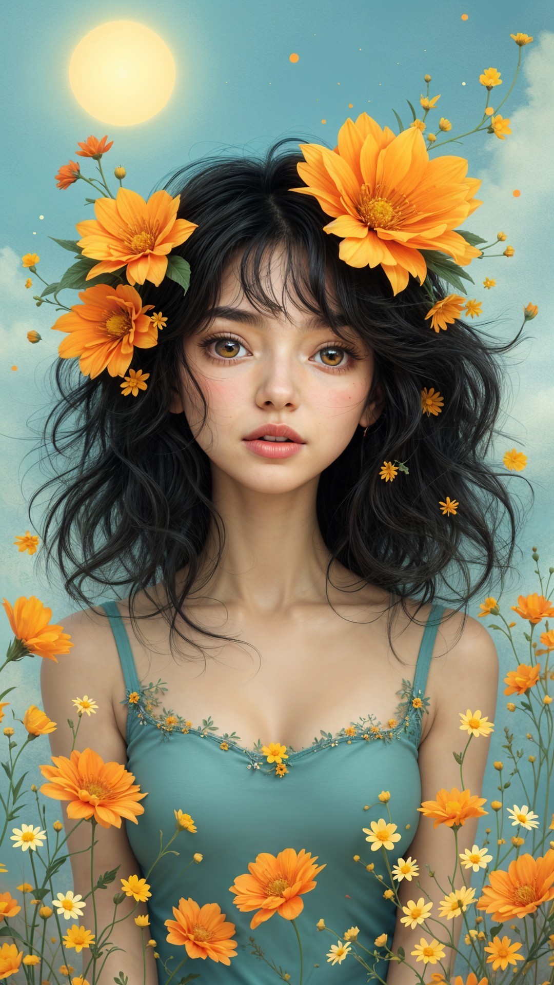 Young woman with black hair and orange flowers backdrop