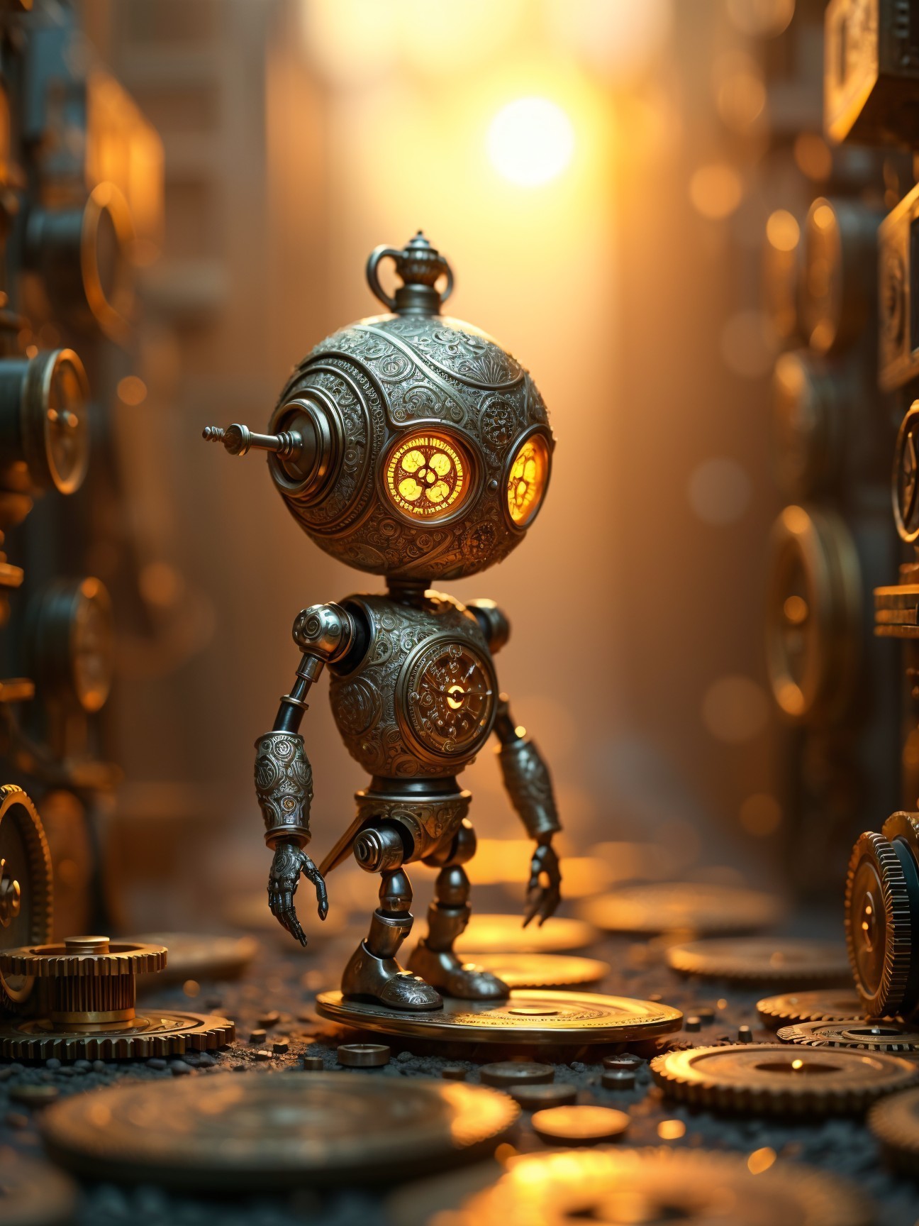 Intricate Robot Surrounded by Gears and Steampunk Elements