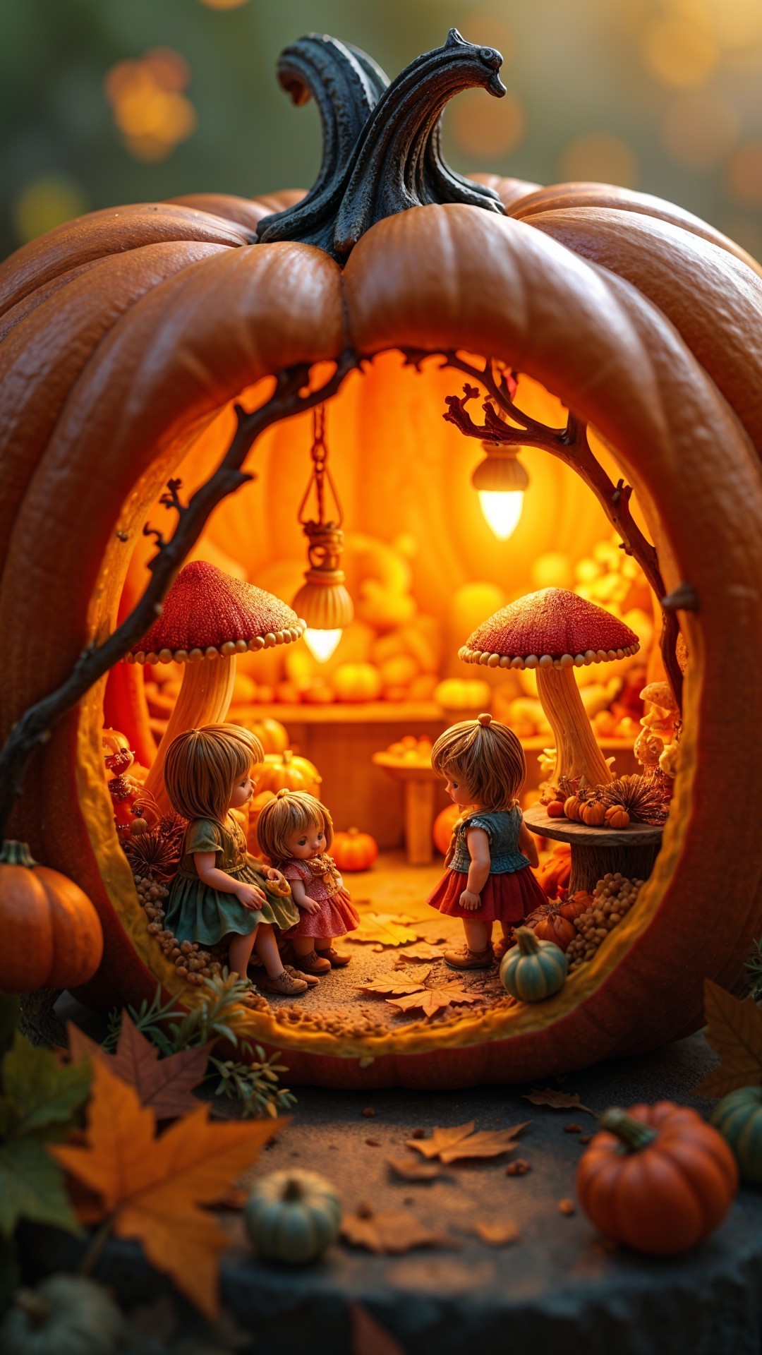 Whimsical Pumpkin Scene with Detailed Child Figures