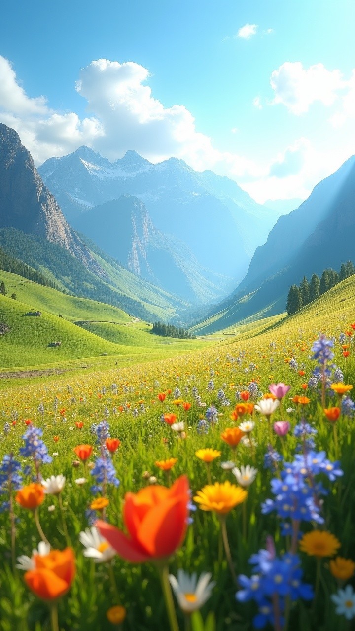 Lush Green Valley with Vibrant Wildflowers and Mountains