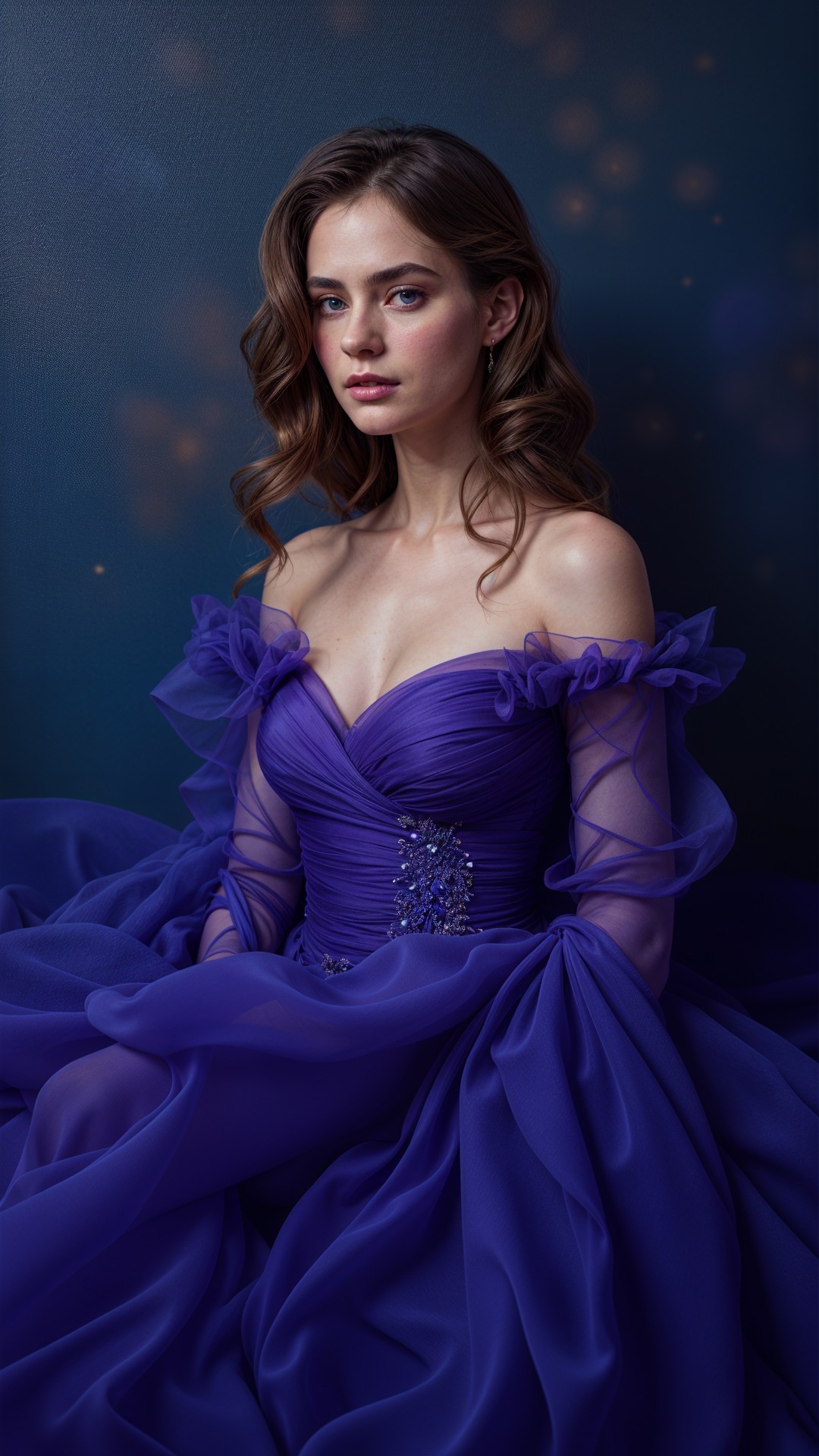 Young woman in elegant purple gown with ruffles