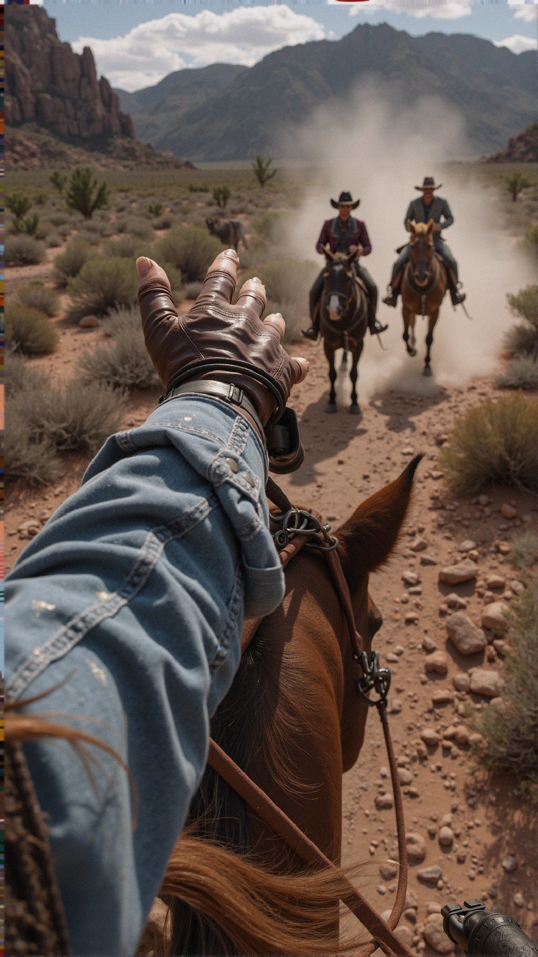 Scenic Desert Landscape with Riders and Horse Head