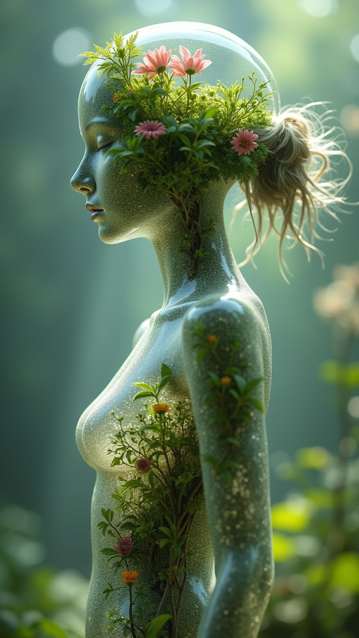 Futuristic figure with transparent head and greenery