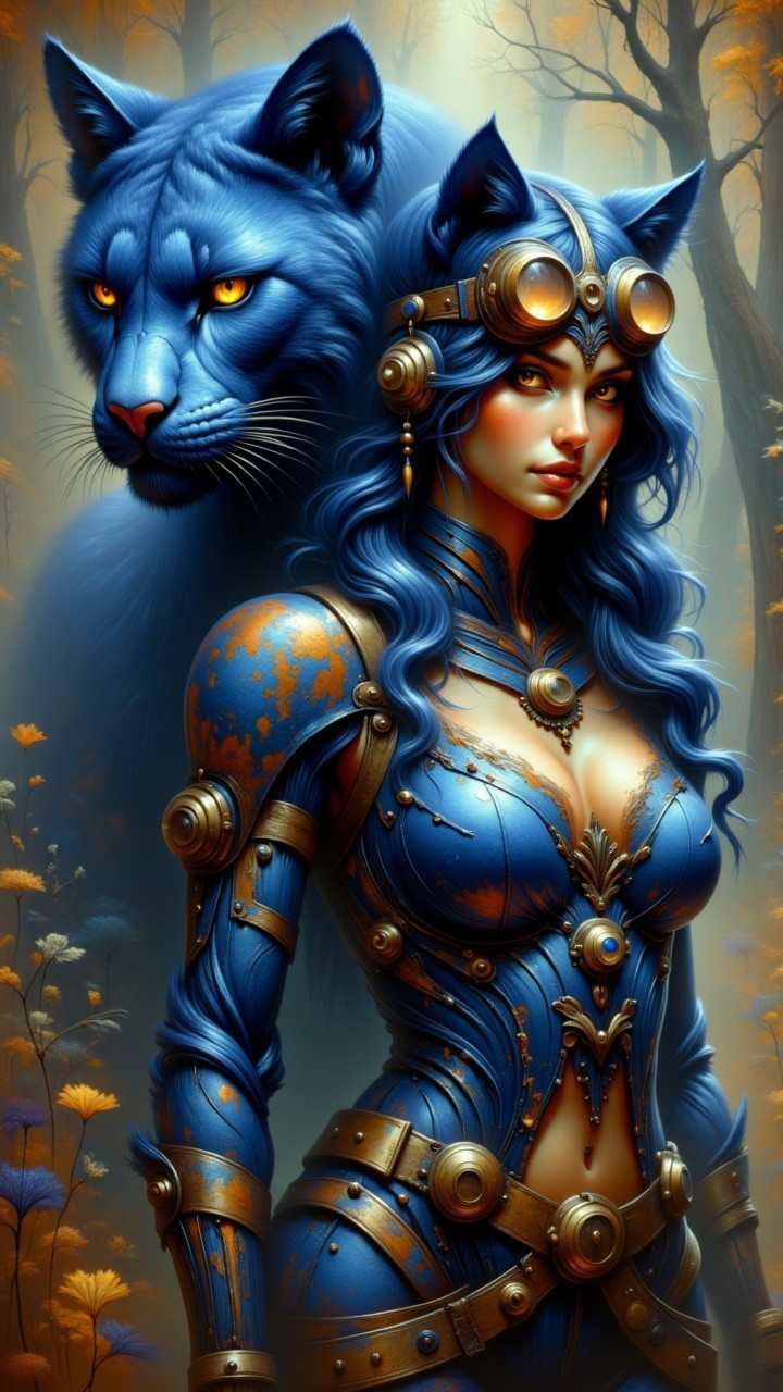 Fantasy Scene with Woman and Blue Panther in Forest