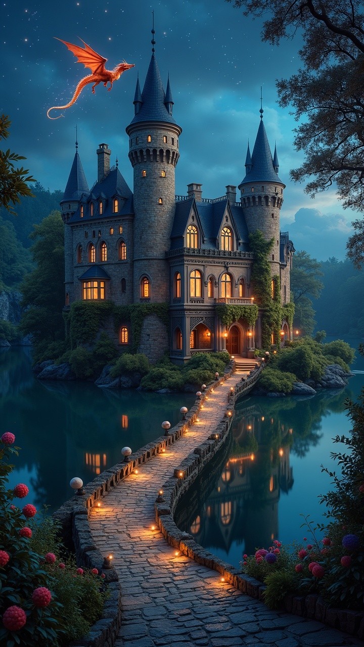 Mystical castle by serene lake with glowing windows