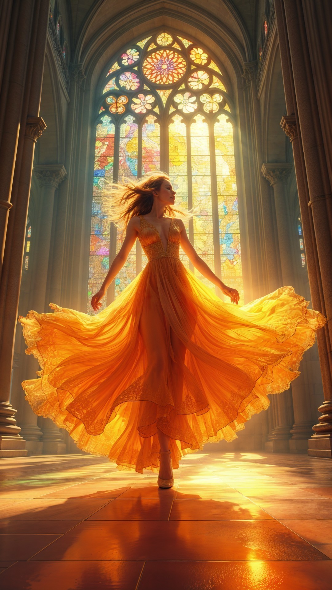 Graceful Figure in Orange Gown Amid Stained Glass Light
