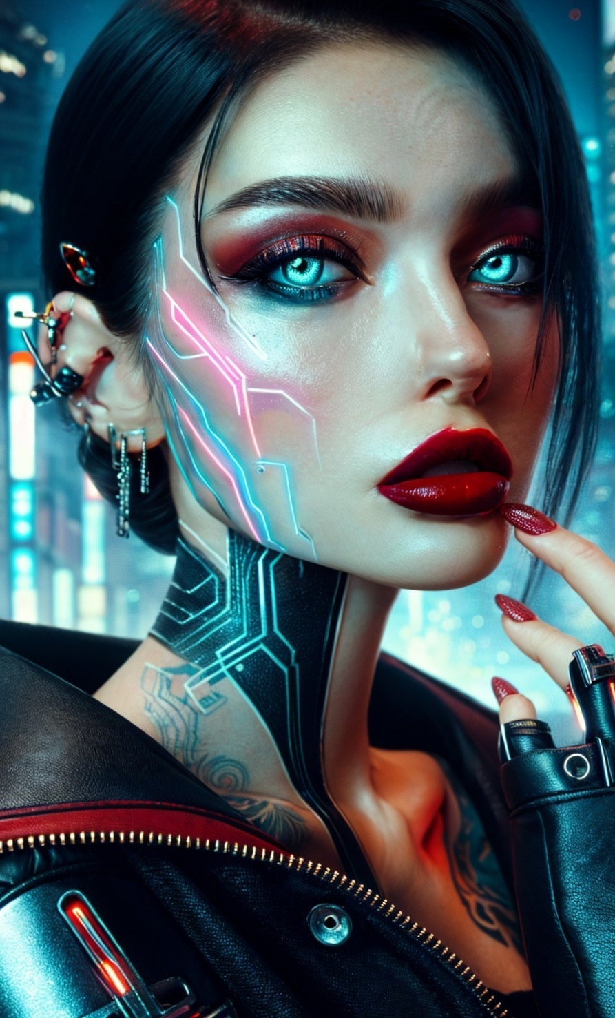 Futuristic Woman with Cybernetic Face and Neon Cityscape