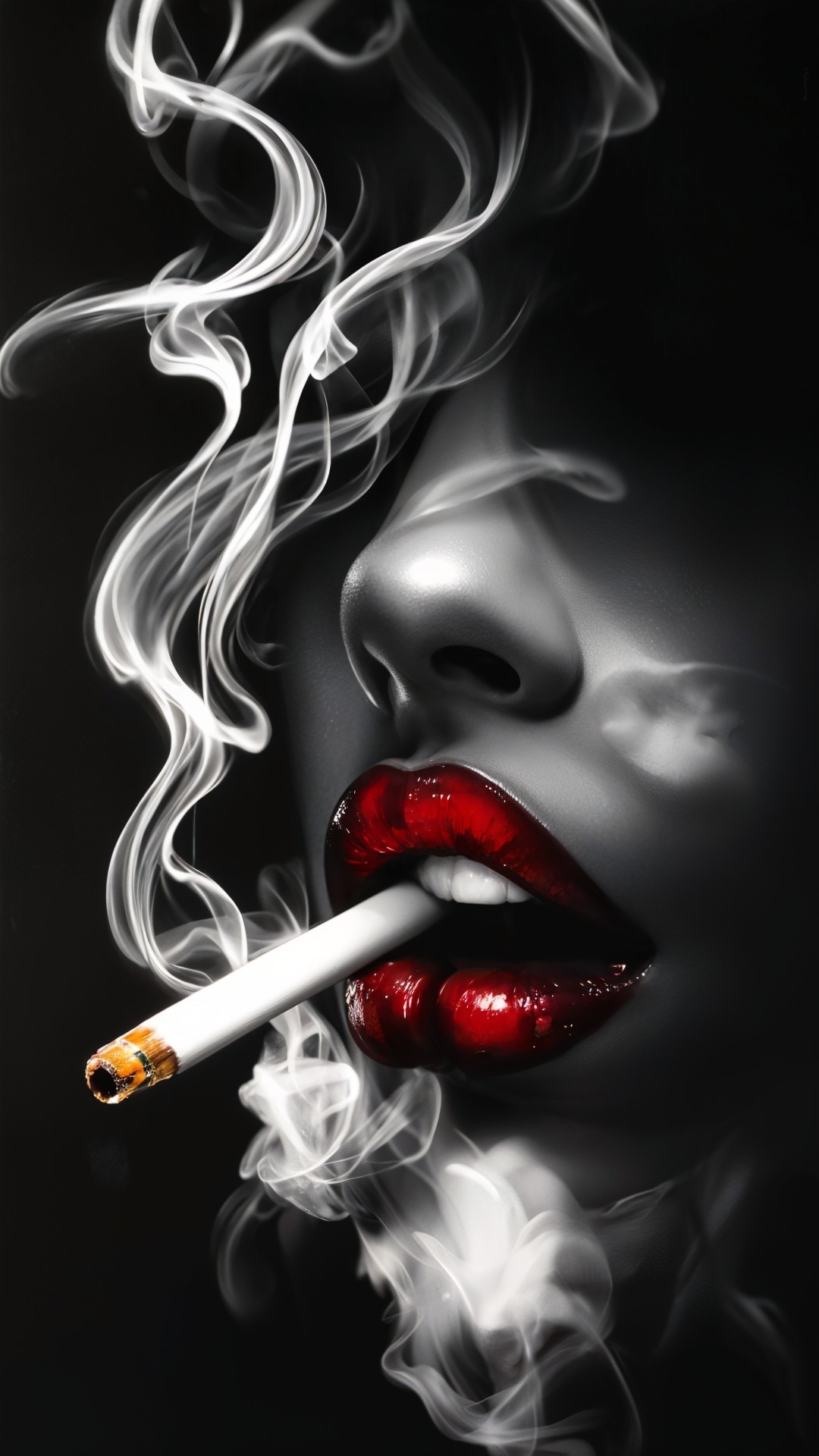 Close-Up of Woman's Face with Bold Red Lips and Smoke