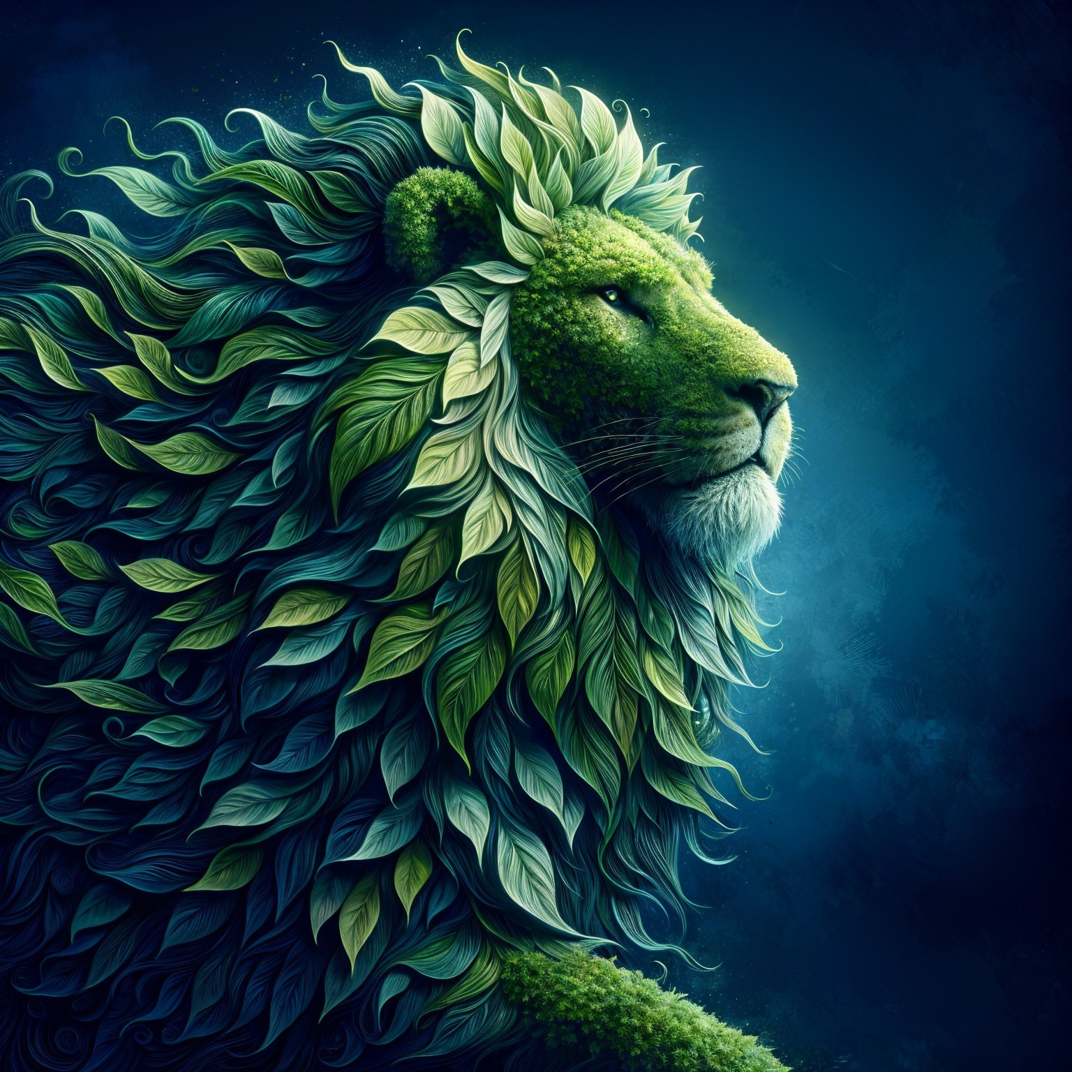 Lion with Leafy Mane Against Blue Background