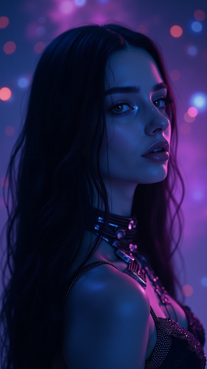 Close-up of a woman with dark hair and bokeh lights